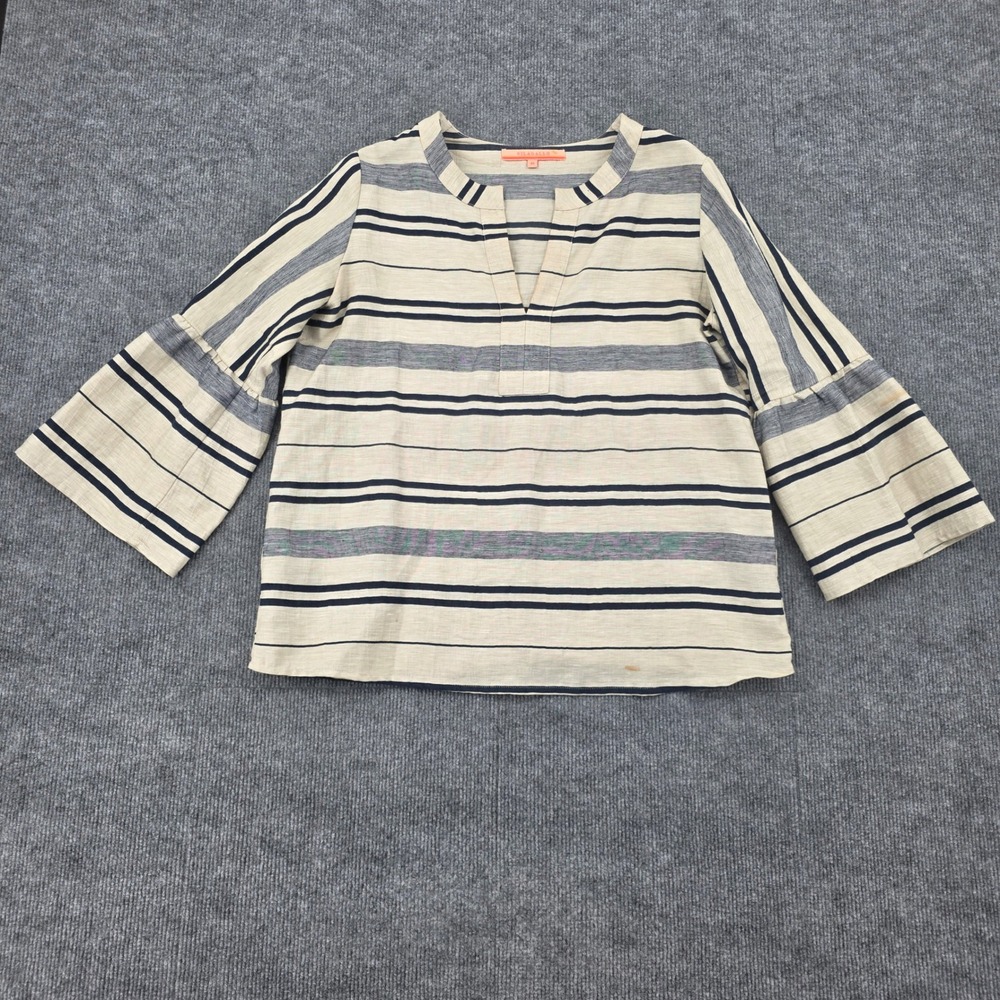 Vilagallo Striped Linen Blend Bell Sleeve Split Neck Blouse Top Size 40 Navy